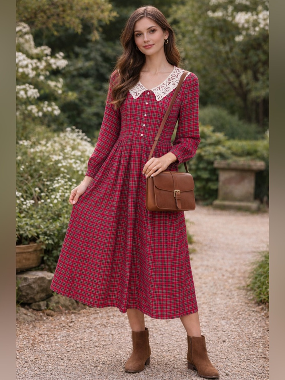 Vtg Plaza South red tartan plaid dress lace v neck pearl like embellishments 6